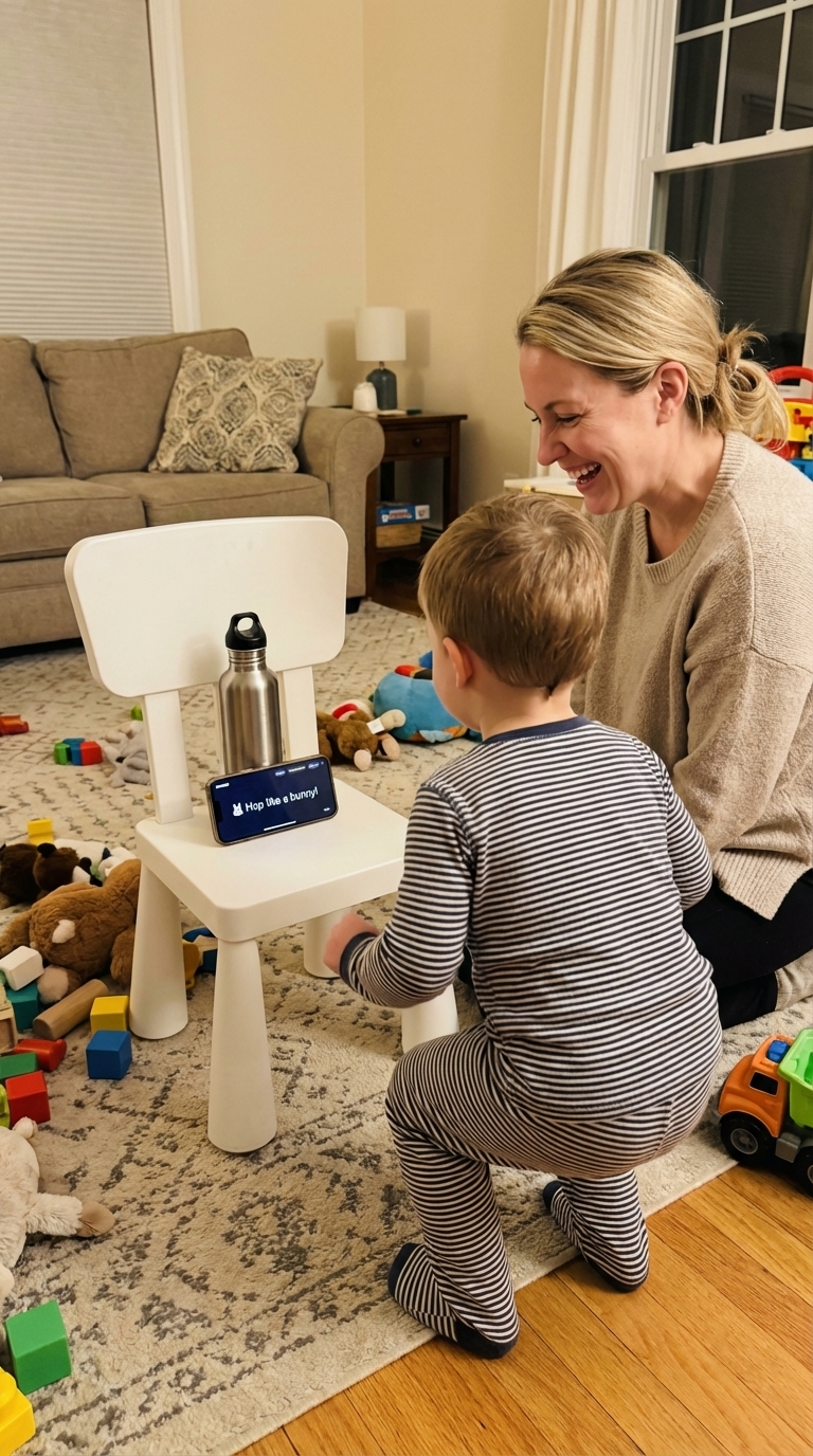 Parent and toddler playing together with guided prompts